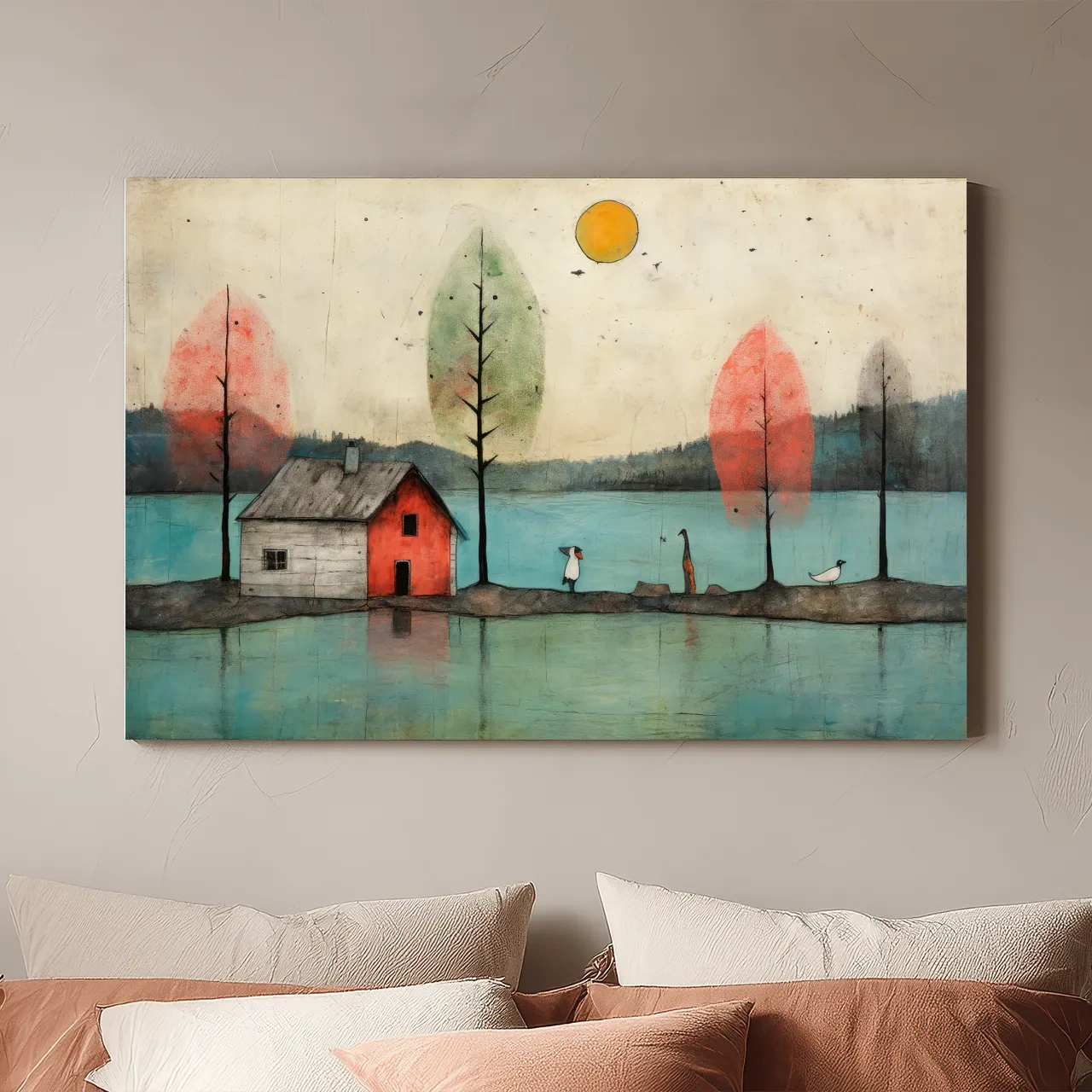 Whimsical Lakeside Cabin Illustration - Rustic Folk Landscape Wall Art