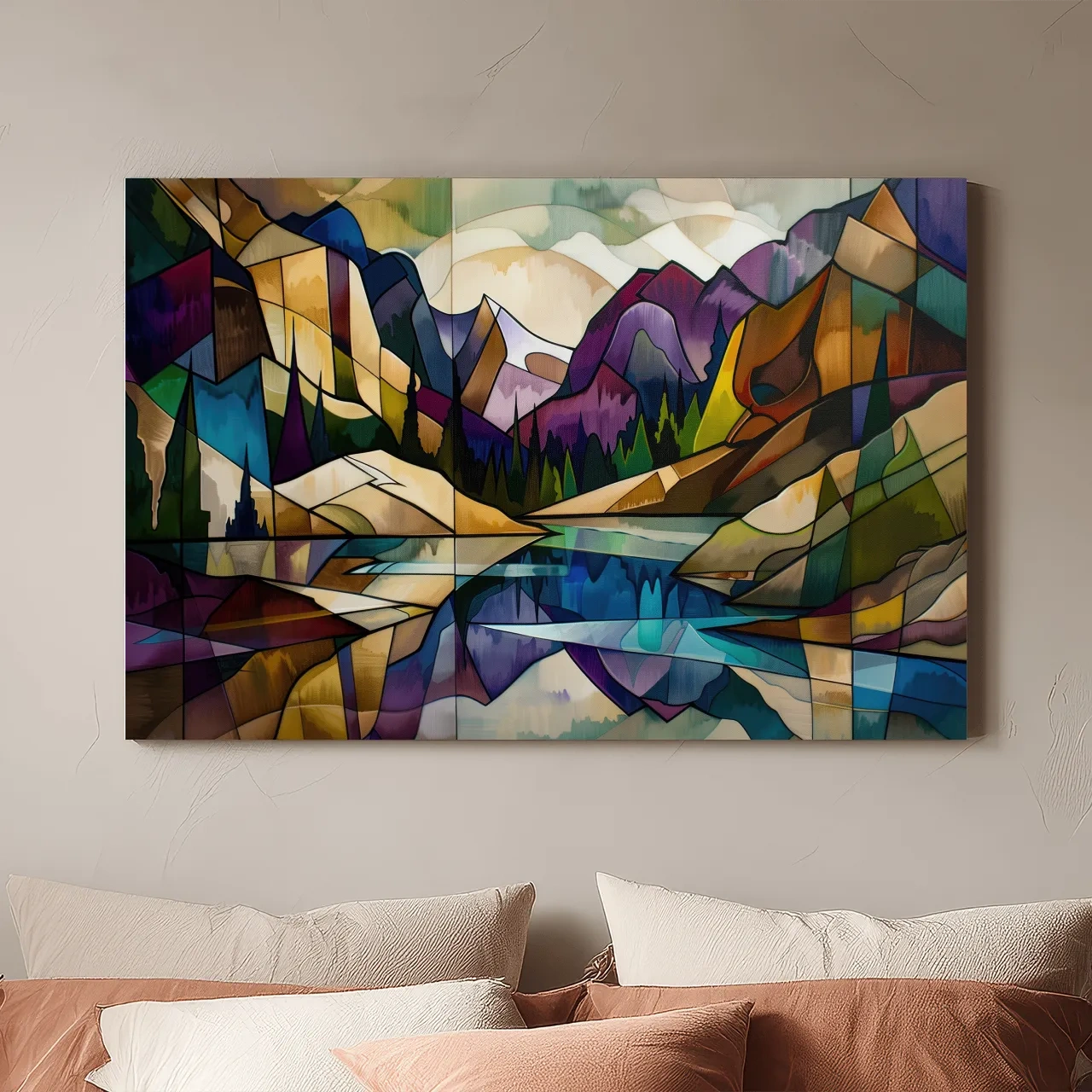 Abstract Stained Glass Mountain Lake Landscape - Colorful Geometric Alpine Wall Art