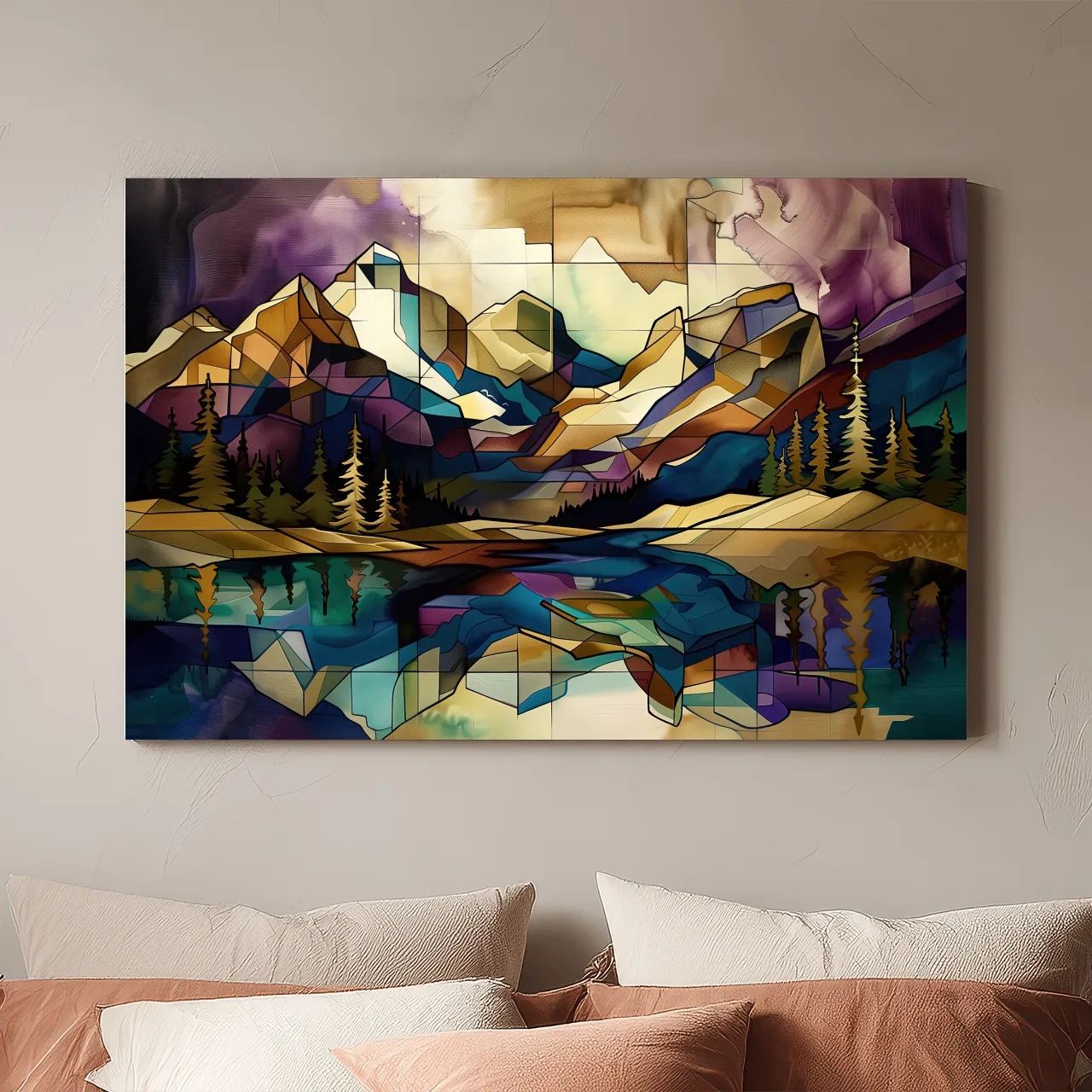 Geometric Stained Glass Mountain Lake Reflection - Colorful Abstract Landscape Artwork