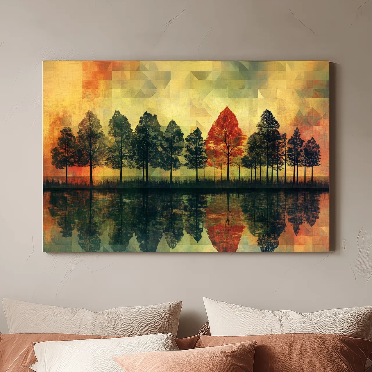 Abstract Geometric Autumn Forest Reflection - Modern Mosaic Landscape Artwork