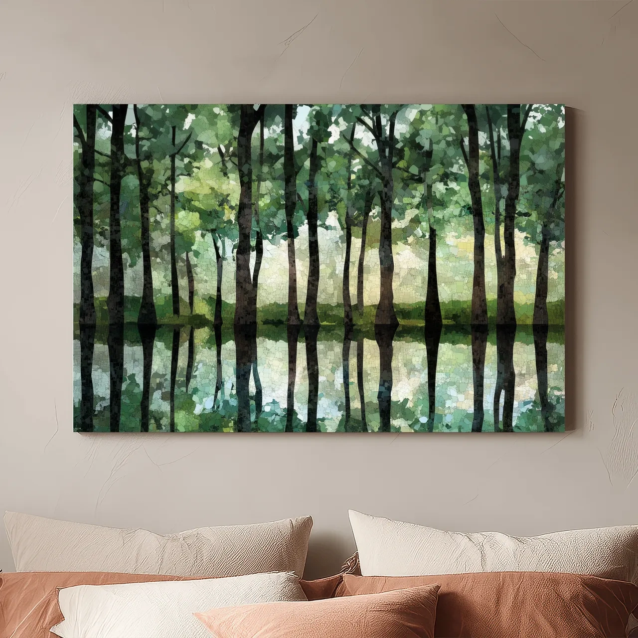 Mosaic Watercolor Forest Lake Reflection - Serene Nature Landscape Wall Art