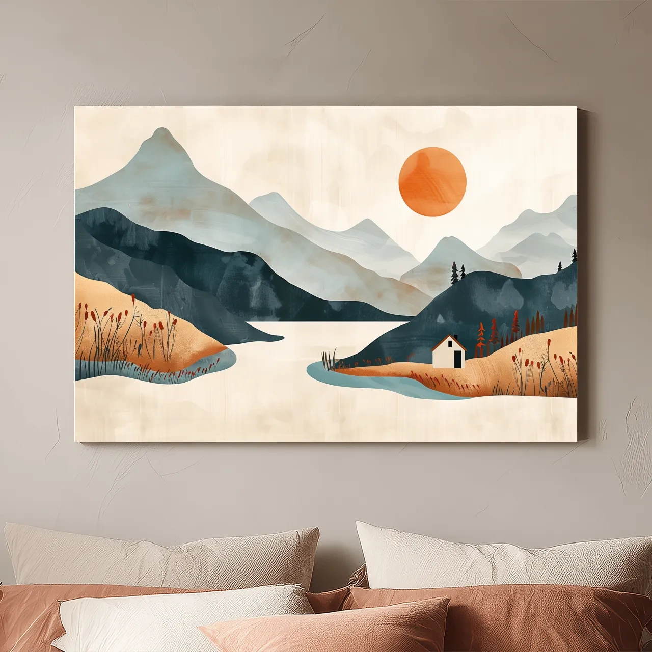 Minimalist Mountain Sunset Lake Cabin Illustration - Modern Scandinavian Wall Art