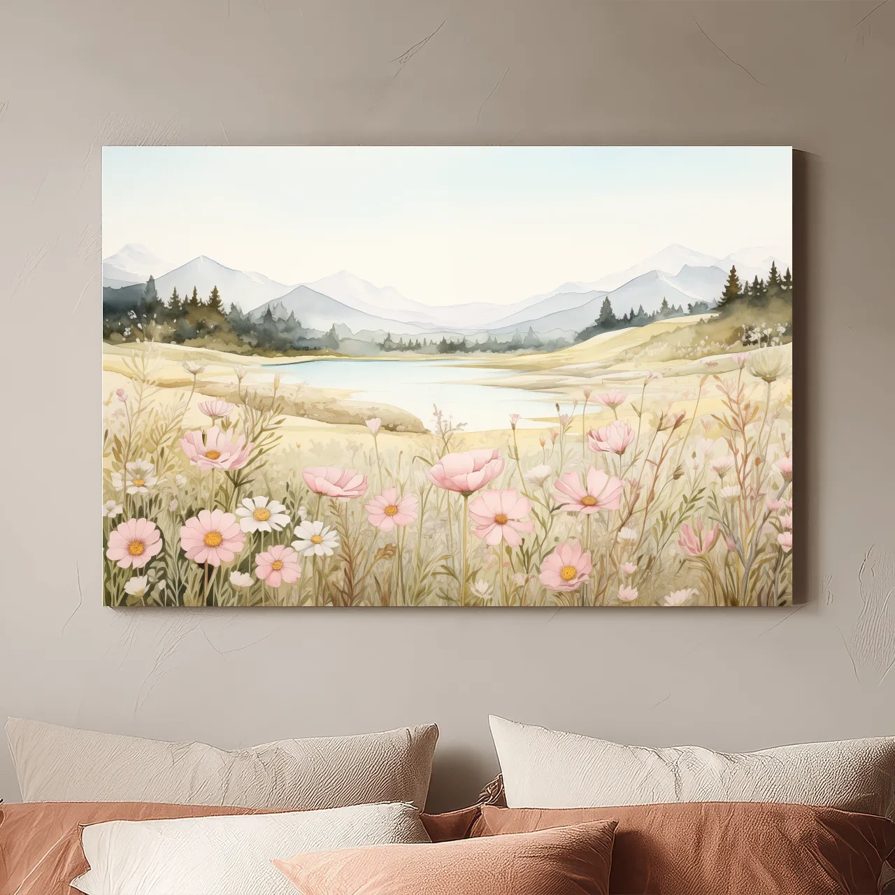 Soft Watercolor Wildflower Meadow Landscape - Serene Pastel Alpine Wall Art