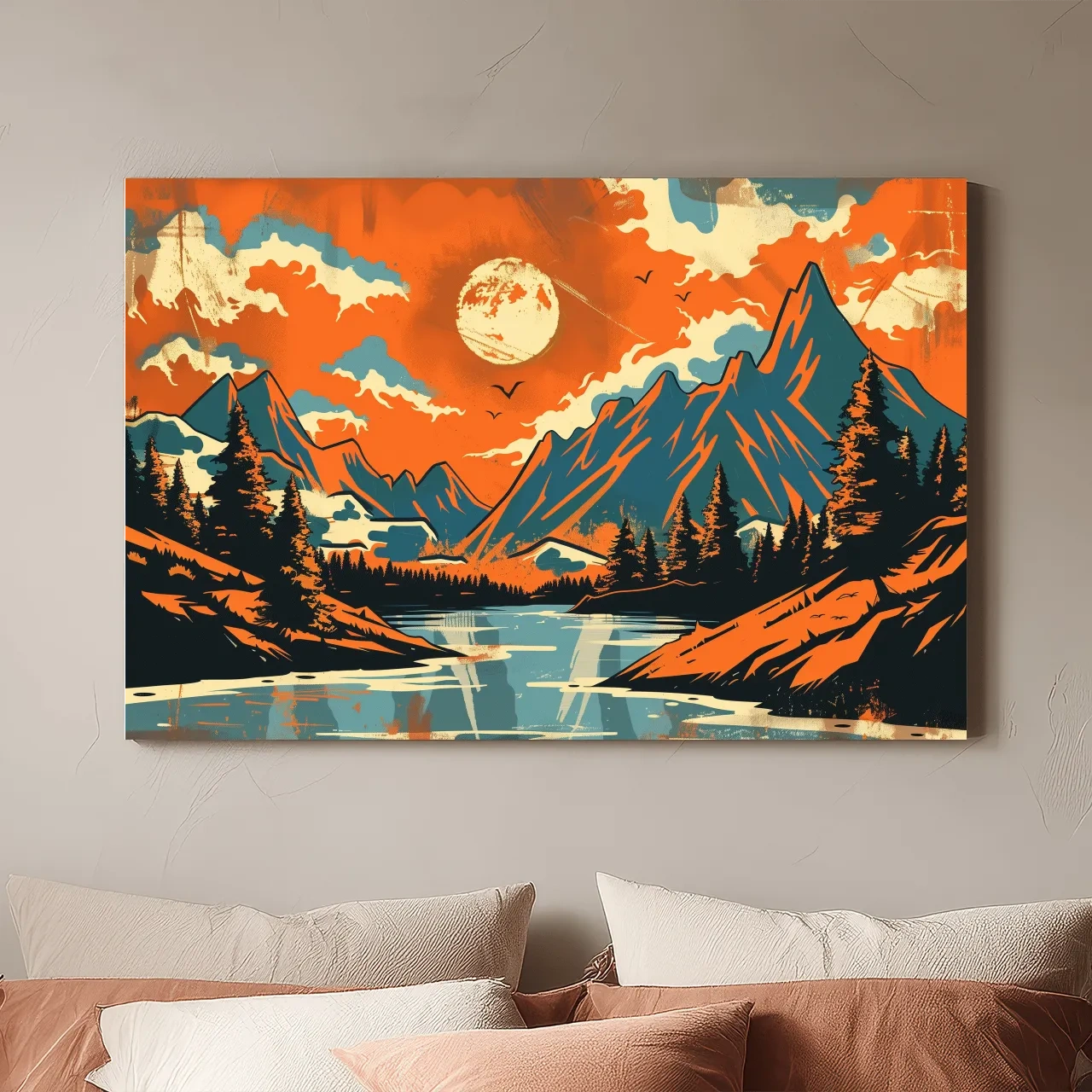 Vibrant Retro Mountain Lake Sunset Illustration - Bold Vector Landscape Wall Art