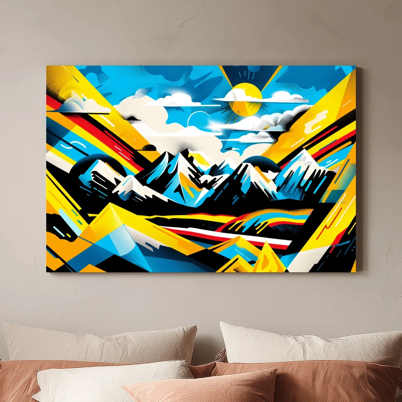 Vibrant Colorful Mountain Sunrise Illustration - Graffiti Style Landscape Wall Art