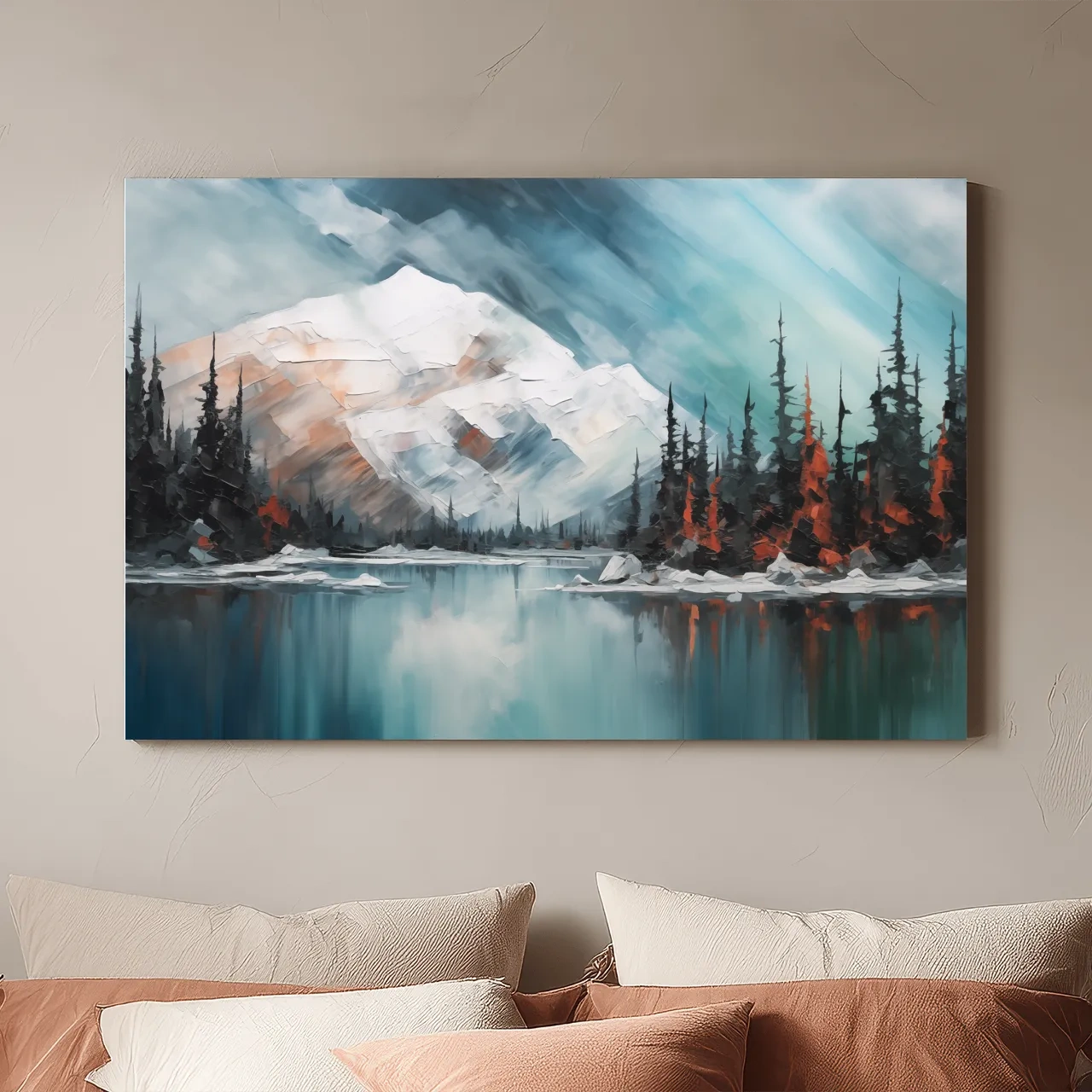 Alpine Glacier Lake Impasto Style Painting - Textured Forest Wall Art