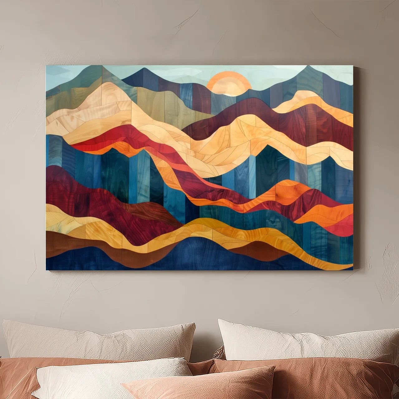 Layered Abstract Mountain Sunset Woodgrain - Mid Century Modern Wall Art