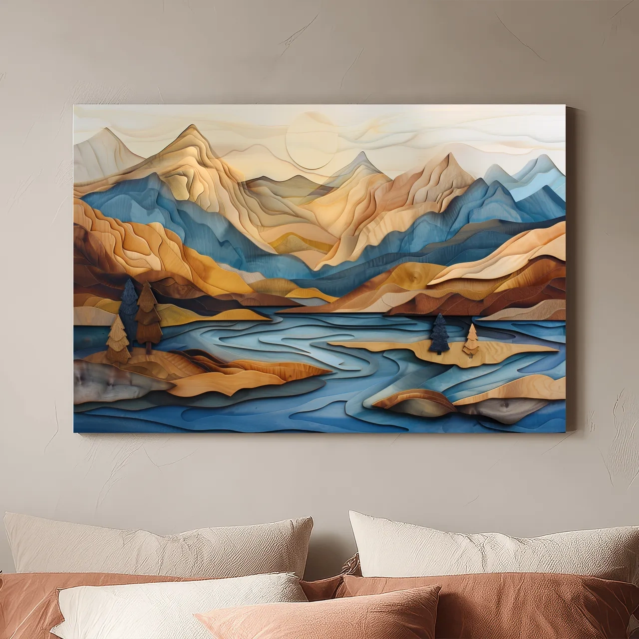 Wood Intarsia Style Alpine Mountain Lake Landscape - Modern Abstract Wall Art