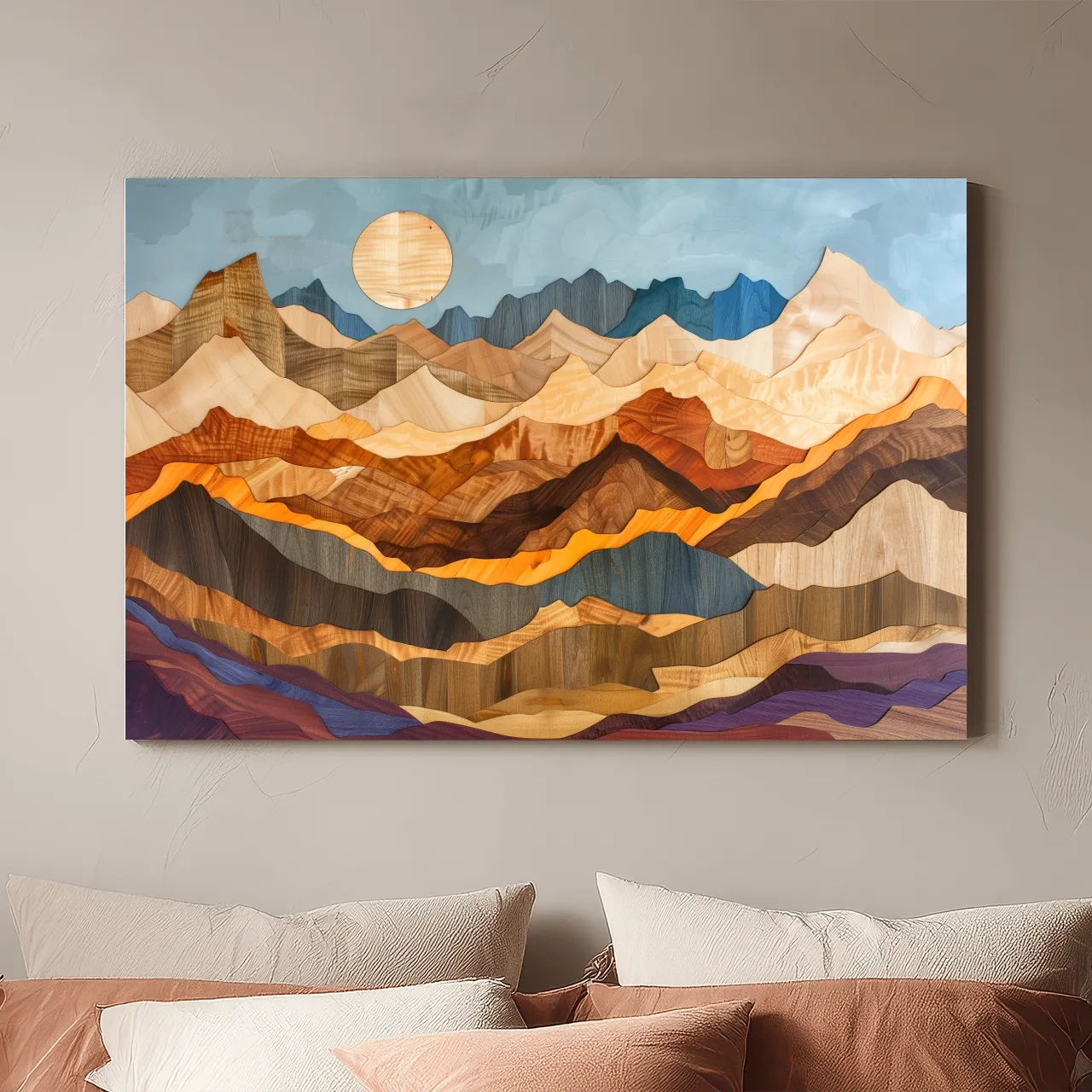 Layered Wooden Mountain Range - Intarsia Style Canvas Wall Art