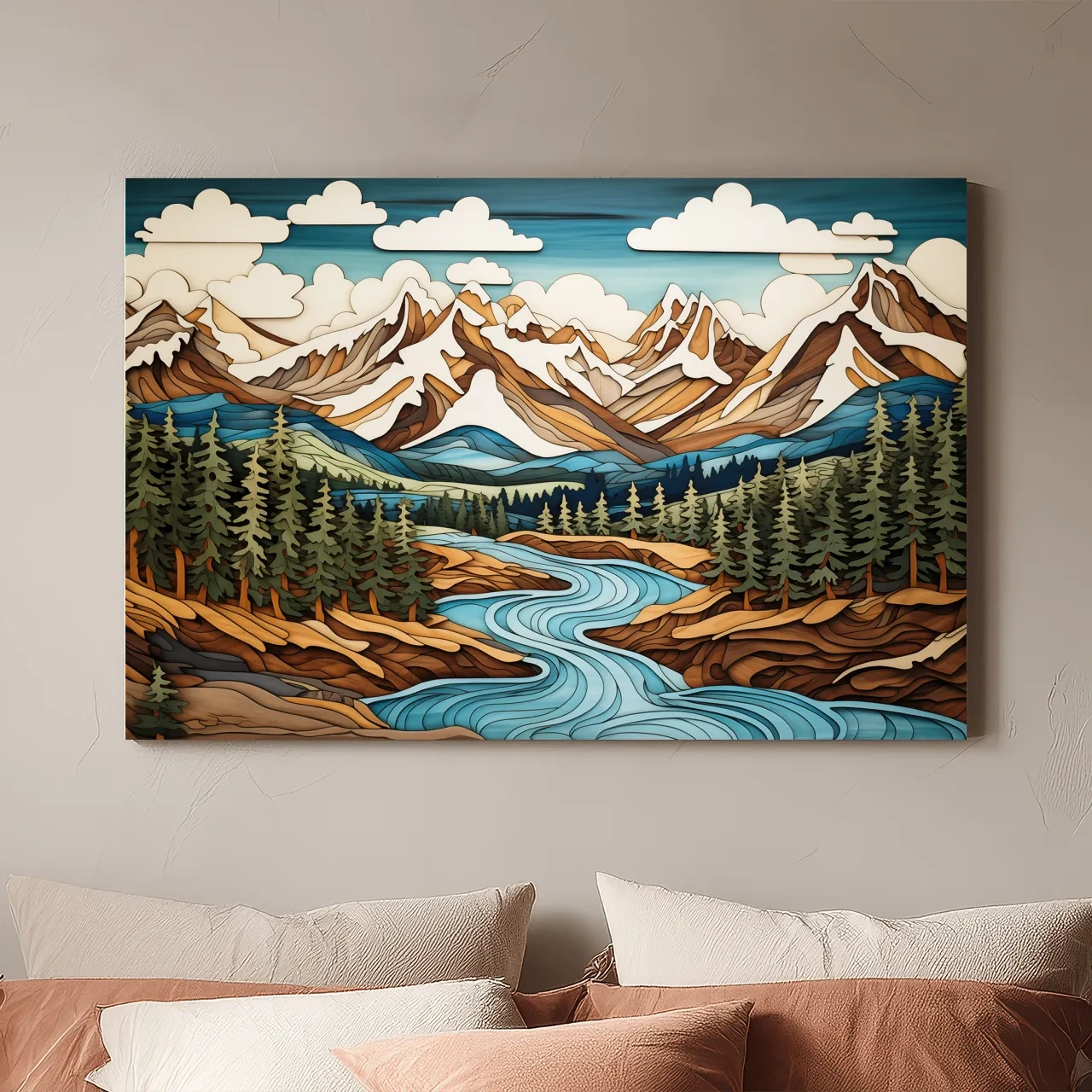Intarsia Style Mountain River Landscape - Rustic Alpine Forest Artwork
