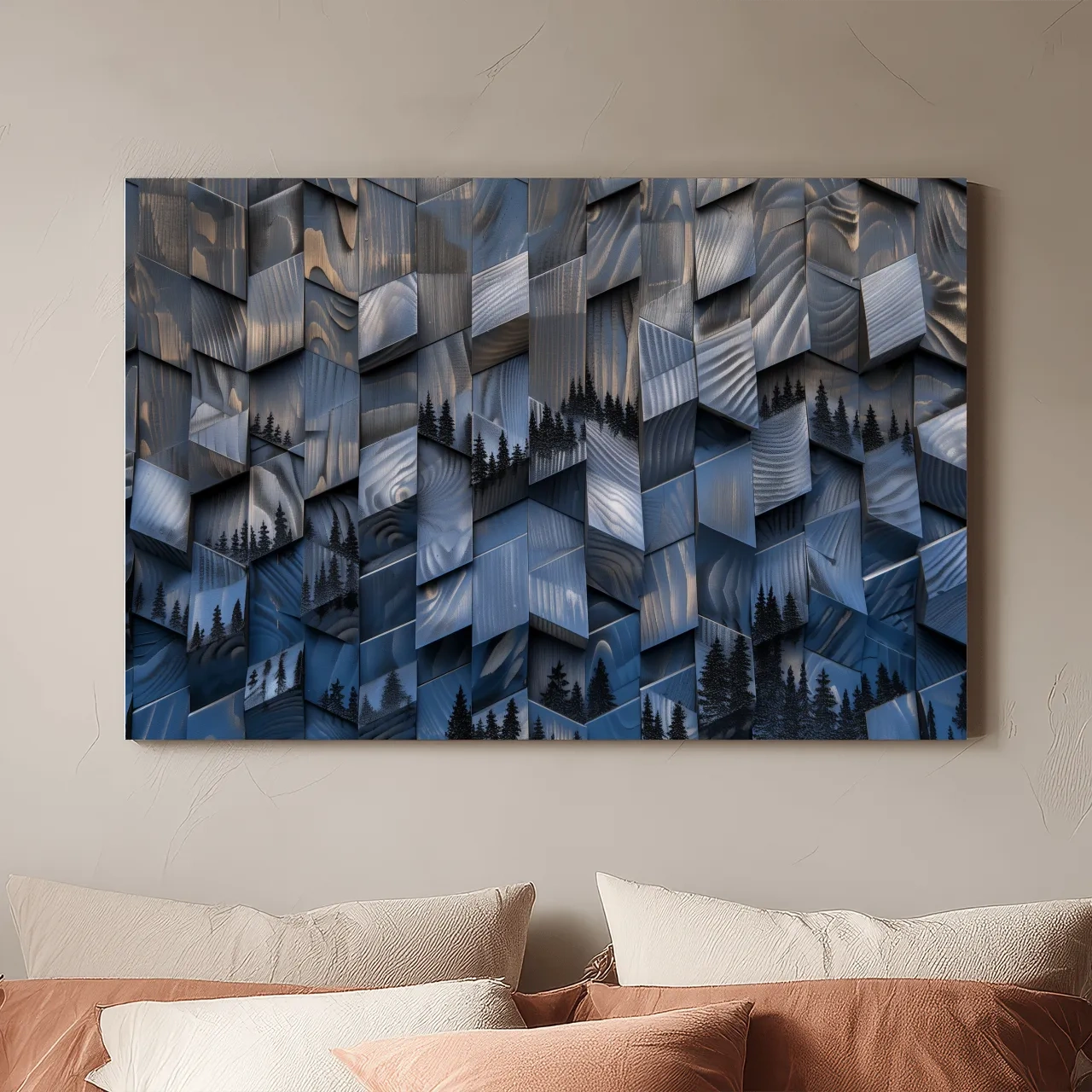 Wood Block Mountain Forest Collage - 3D Effect Abstract Landscape Wall Art