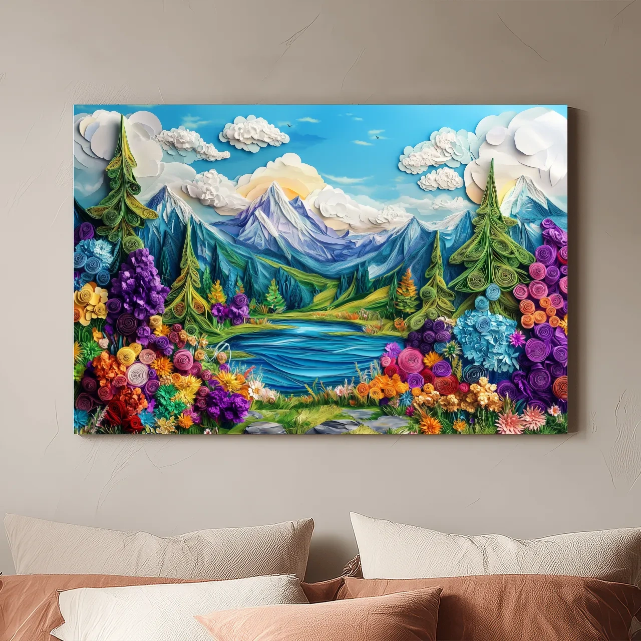 Colorful Paper Quilling Alpine Meadows Landscape Print - 3D Effect Nature Wall Art