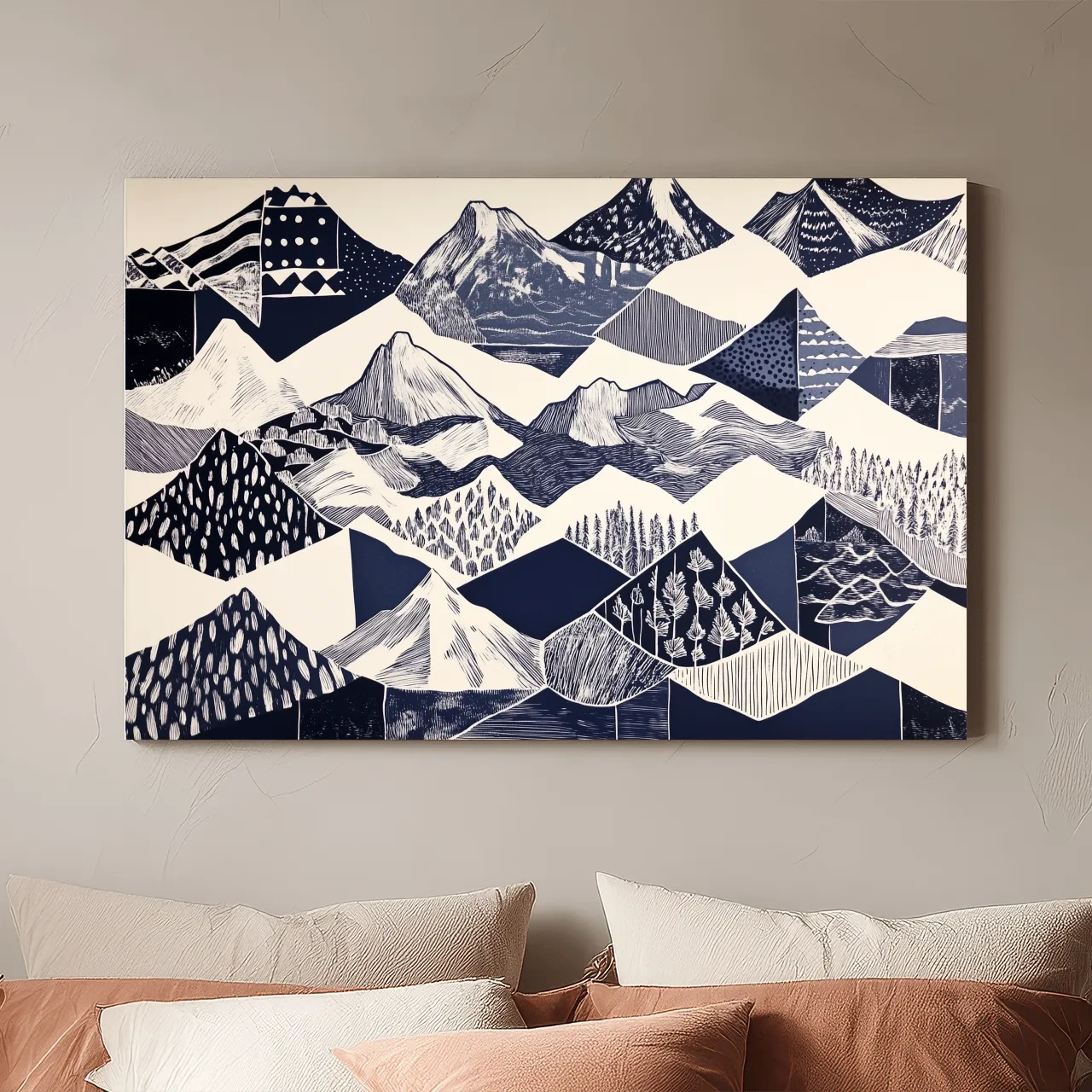 Linocut Patchwork Mountain Range Illustration - Modern Landscape Artwork