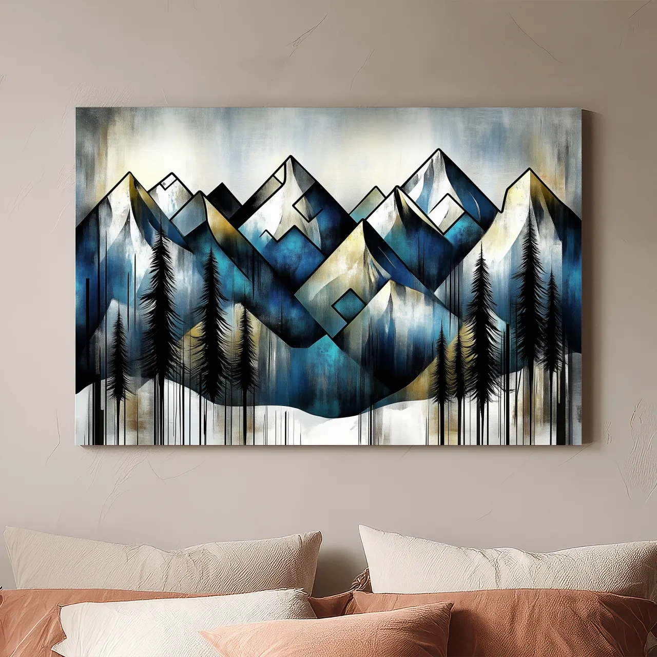 Geometric Mountain Peaks With Pine Trees - Modern Abstract Landscape Artwork