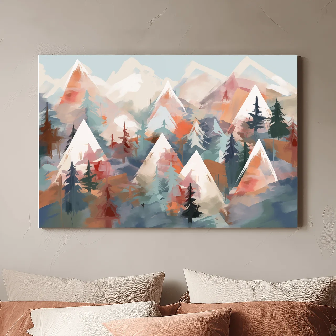 Abstract Alpine Peaks And Pine Forest - Pastel Watercolor Mountain Landscape Wall Art
