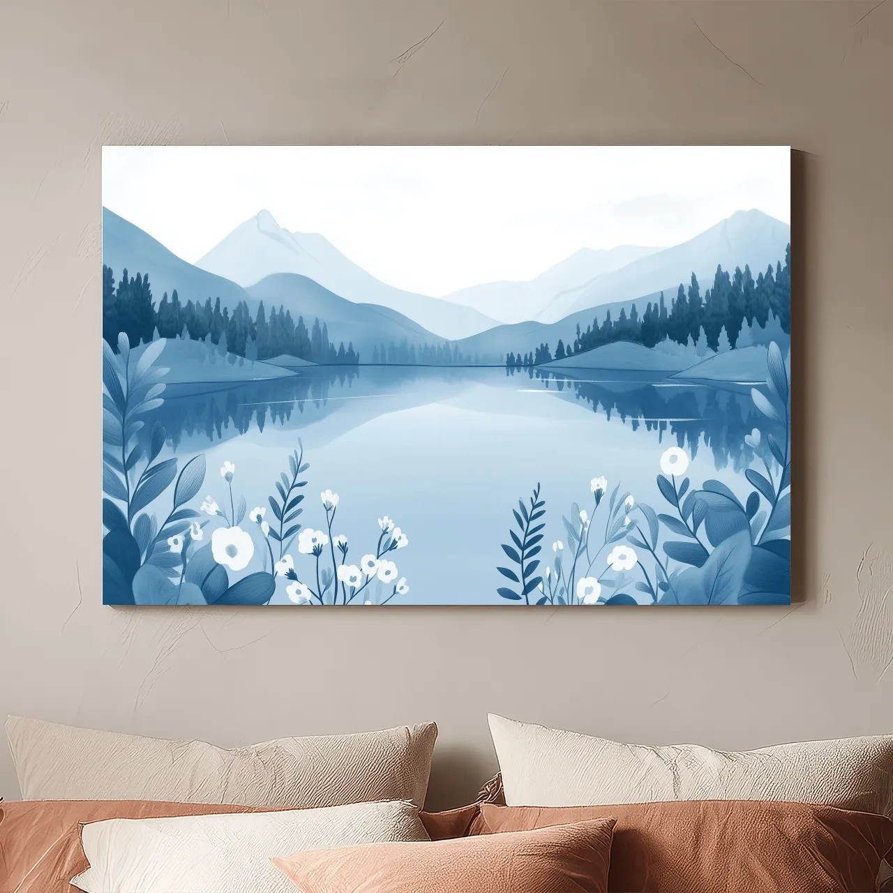 Serene Mountain Lake Illustration - Minimalist Alpine Landscape Wall Art