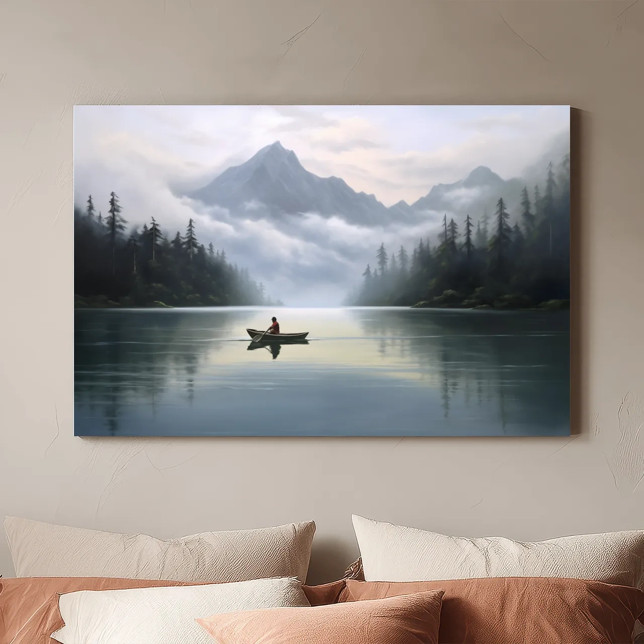 Misty Mountain Alpine Lake Canoe Scene - Serene Landscape Wall Art