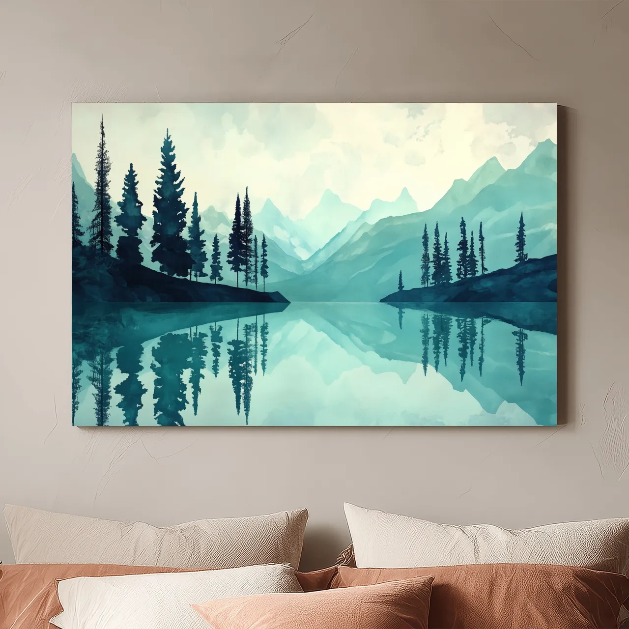Treelined Alpine Lake Reflection - Watercolor Forest Wall Art