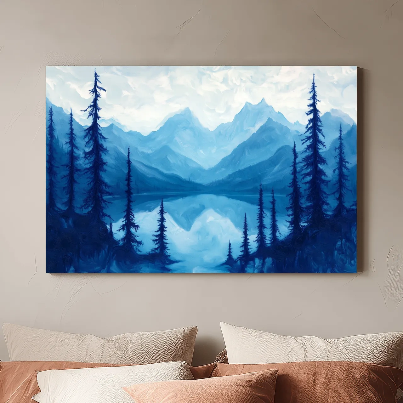 Serene Blue Mountain Lake Oil Painting - Alpine Forest Landscape Artwork
