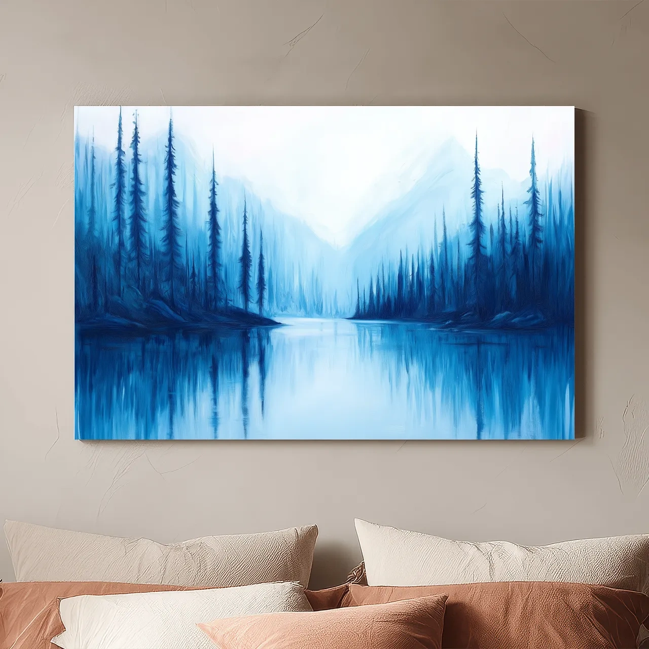 Misty Blue Alpine Lake & Pine Forest - Impressionist Landscape Painting Artwork
