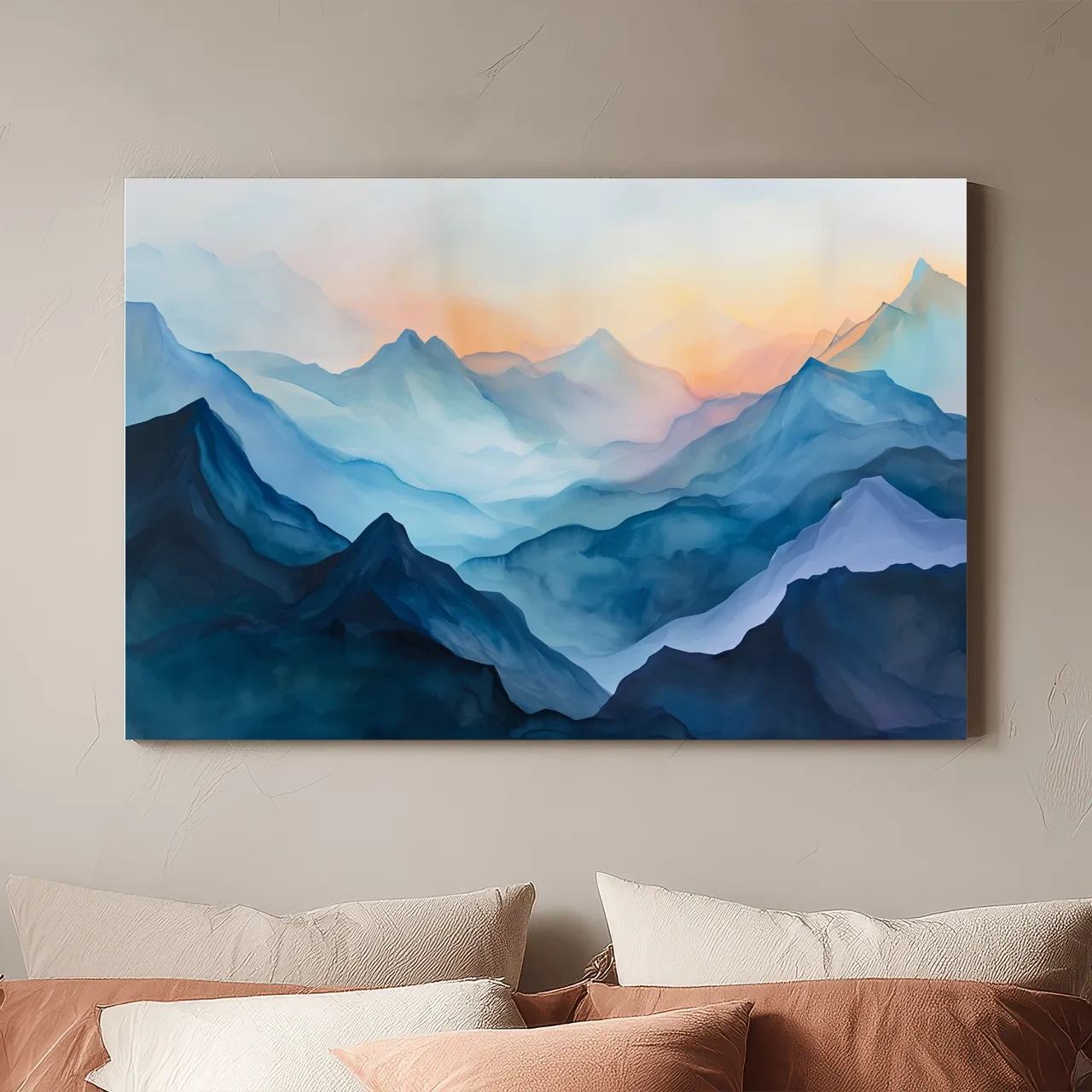 Misty Sunrise Watercolor Mountain Range - Serene Abstract Landscape Wall Art