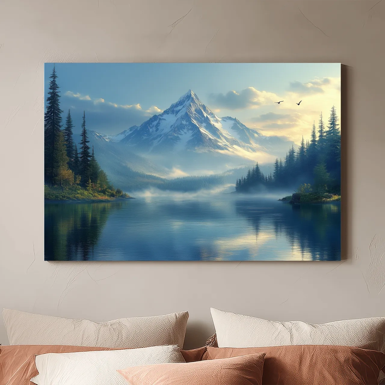 Misty Alpine Mountain Lake Sunset - Pine Forest Artwork