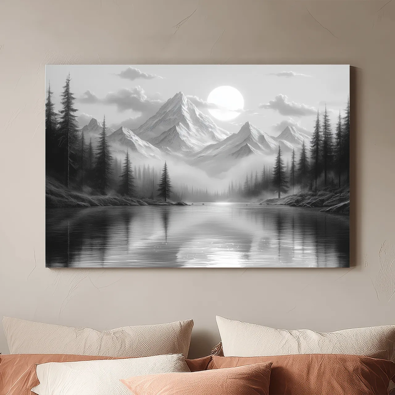 Monochrome Misty Alpine Lake Landscape - Mountain Forest Wall Art