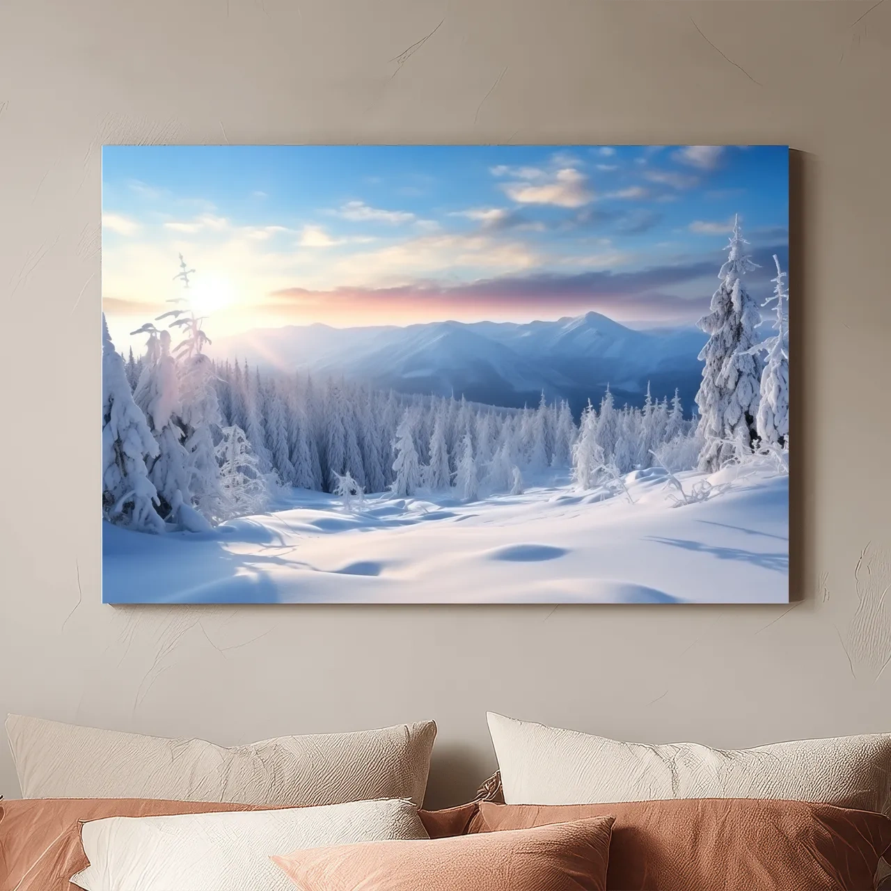 Serene Winter Mountain Sunrise Artwork - Snowy Pine Forest Photographic Wall Art