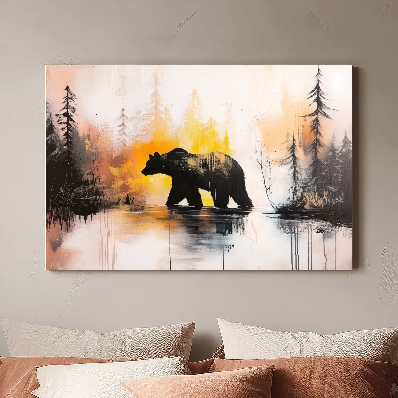 Grizzly Bear Forest Silhouette - Abstract Watercolor Wilderness Wall Art