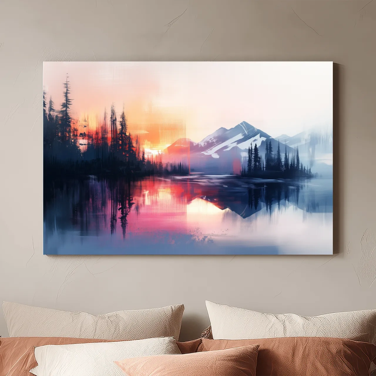 Vibrant Sunset Alpine Mountain Lake Reflection - Abstract Watercolor Forest Wall Art