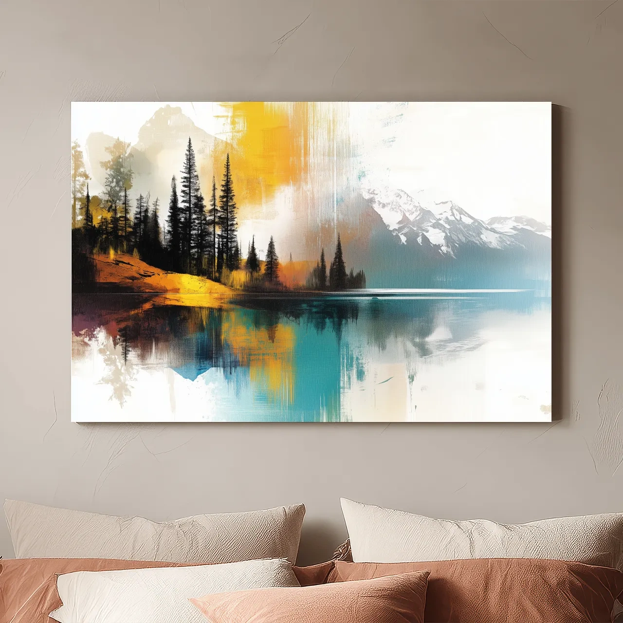 Colorful Abstract Mountain Lake Reflection Painting - Forest Landscape Wall Art
