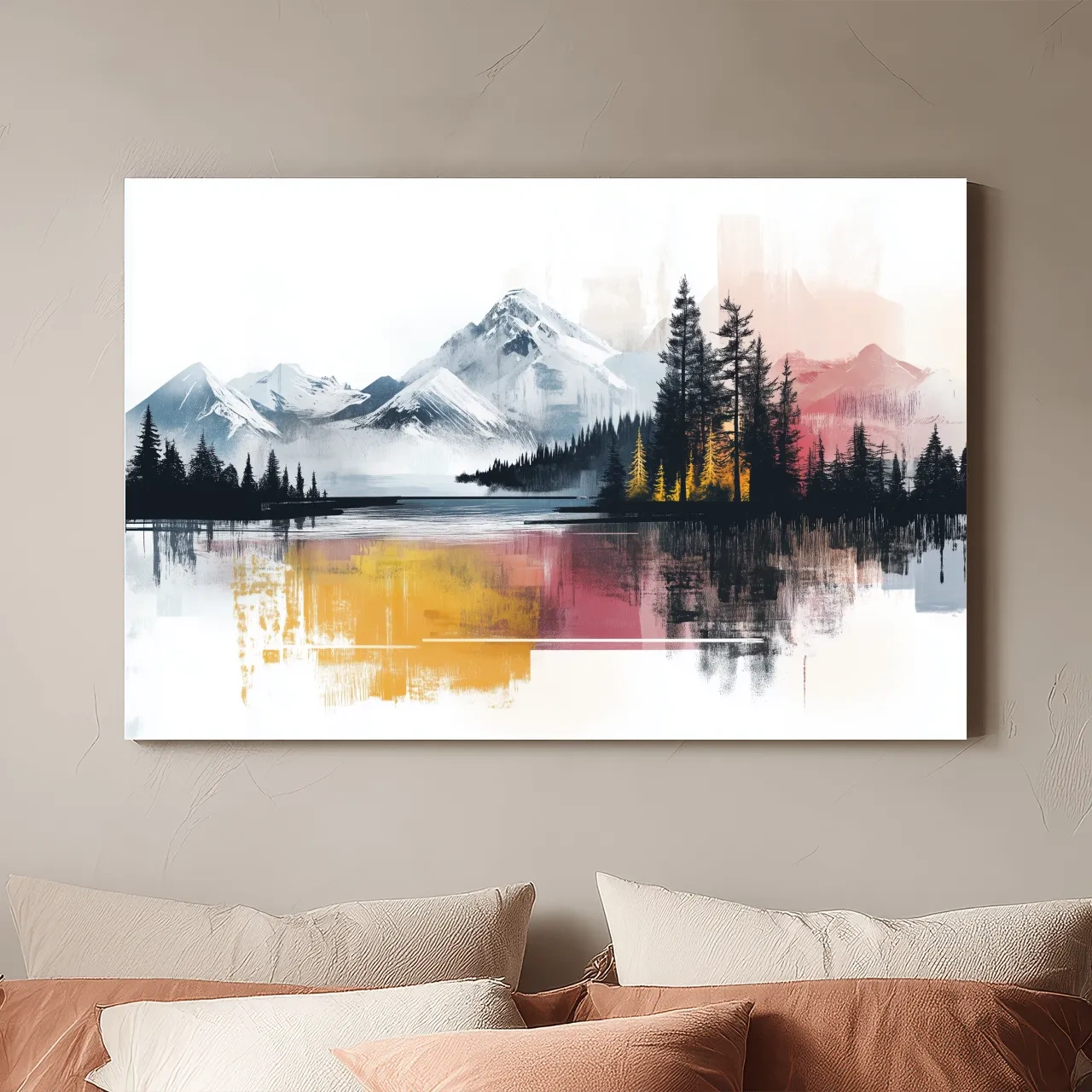 Abstract Misty Mountain Lake Painting - Modern Watercolor Pine Forest Art