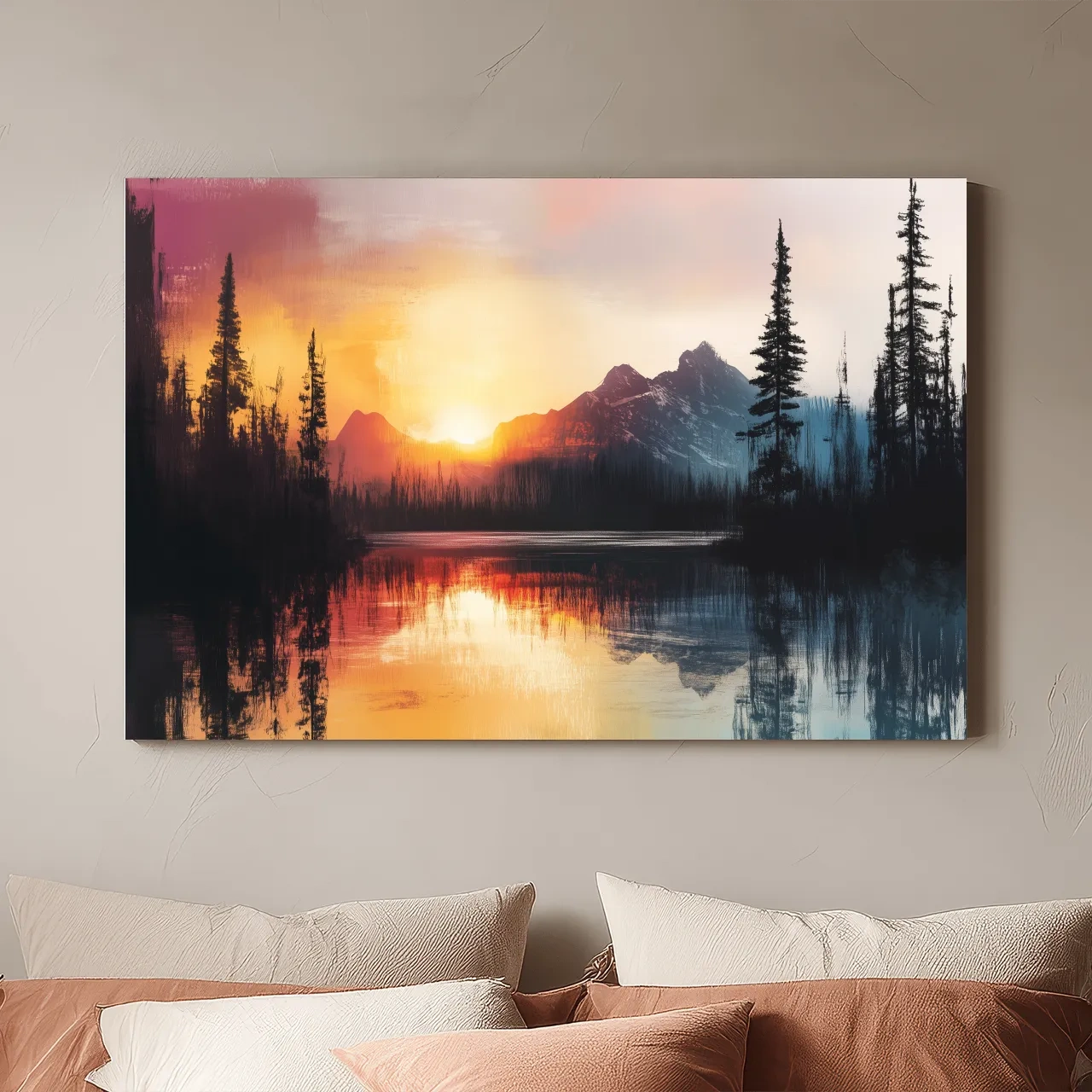 Sunset Mountain Lake Reflection Painting - Dramatic Pine Forest Landscape Wall Art