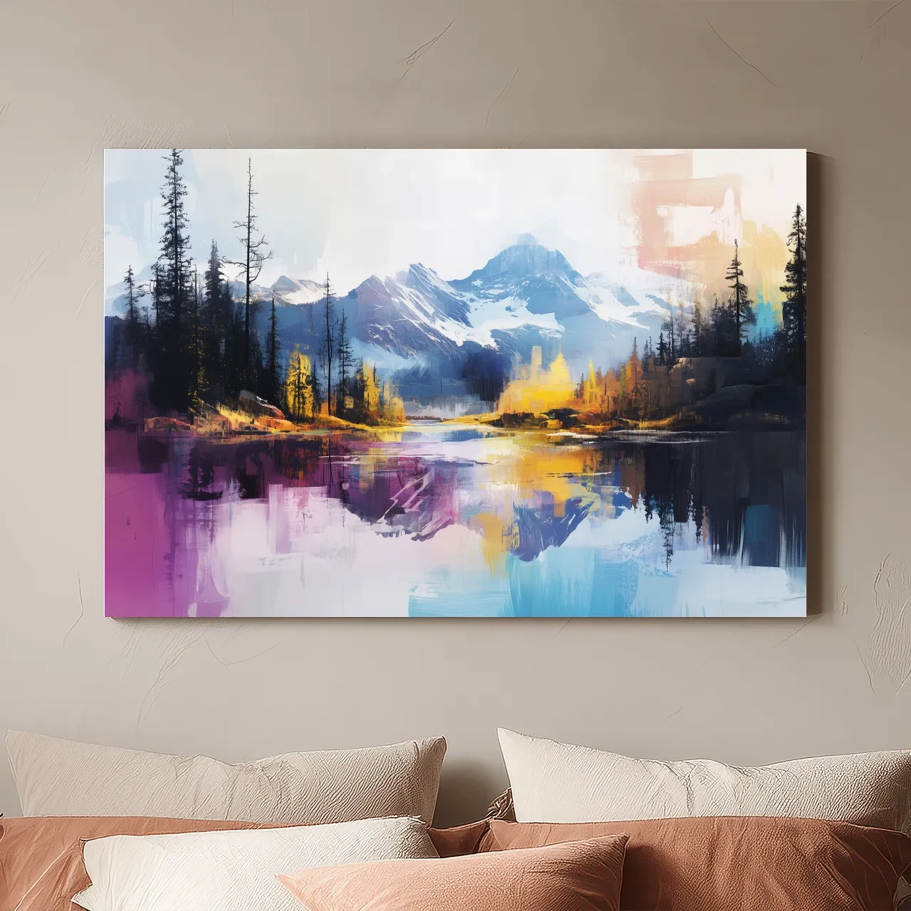 Vibrant Abstract Mountain Lake Reflection Painting - Colorful Modern Landscape Wall Art