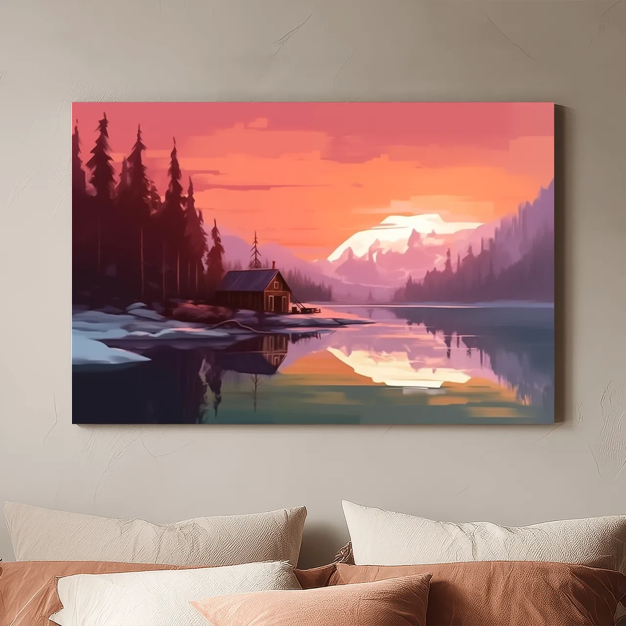Sunset Mountain Lake Cabin Painting - Serene Alpine Landscape Wall Art