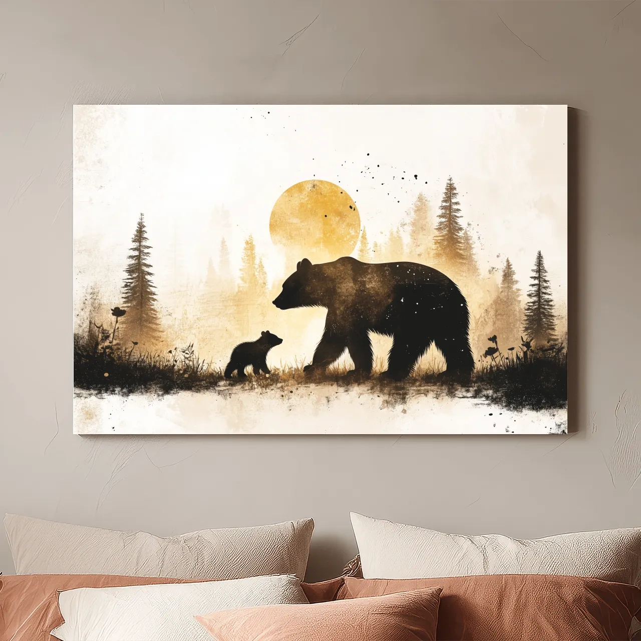 Momma Bear And Cub Watercolor Silhouette - Rustic Forest Wildlife Wall Art