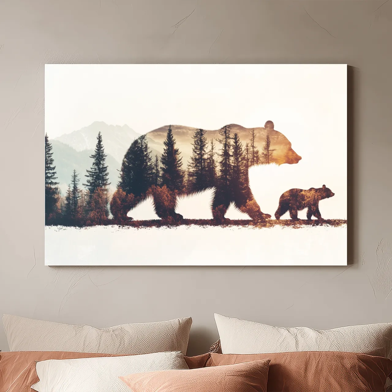 Rustic Double Exposure Bear Family - Sunset Forest Wildlife Wall Art