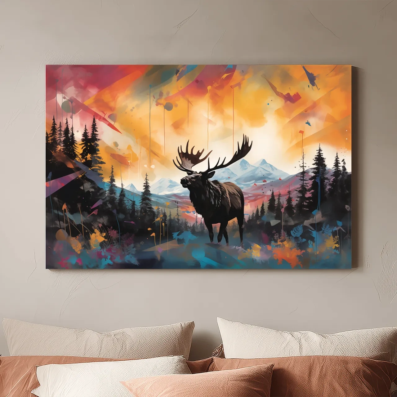 Vibrant Abstract Moose Mountain Painting - Colorful Wildlife Wall Art