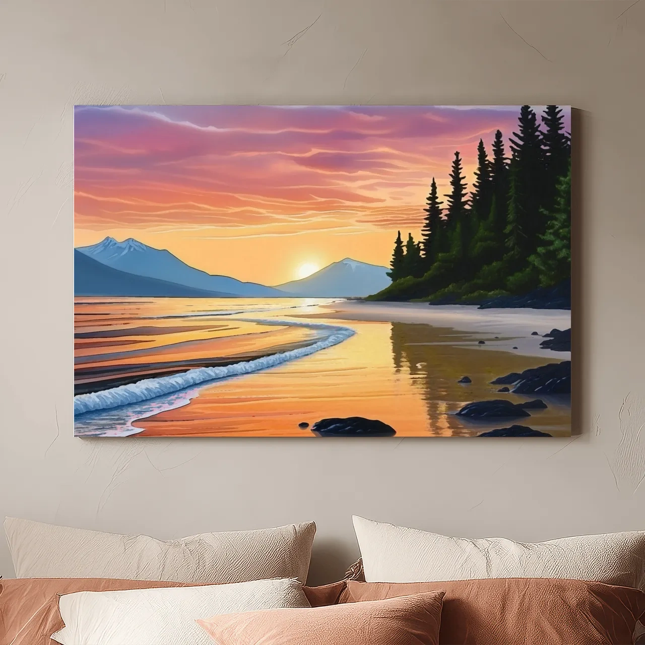 Pacific Northwest Coastal Sunset Beach Painting - Vibrant Pine Wall Art