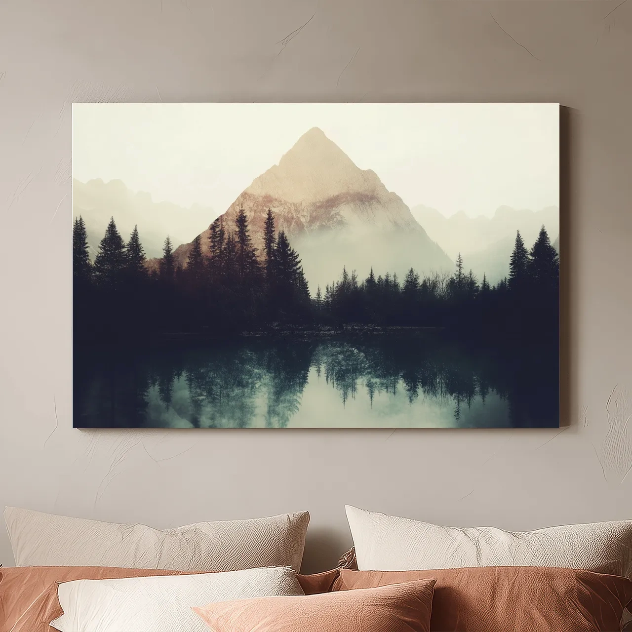 Misty Pine Forest Silhouette Lake Reflection - Moody Mountain Wall Art
