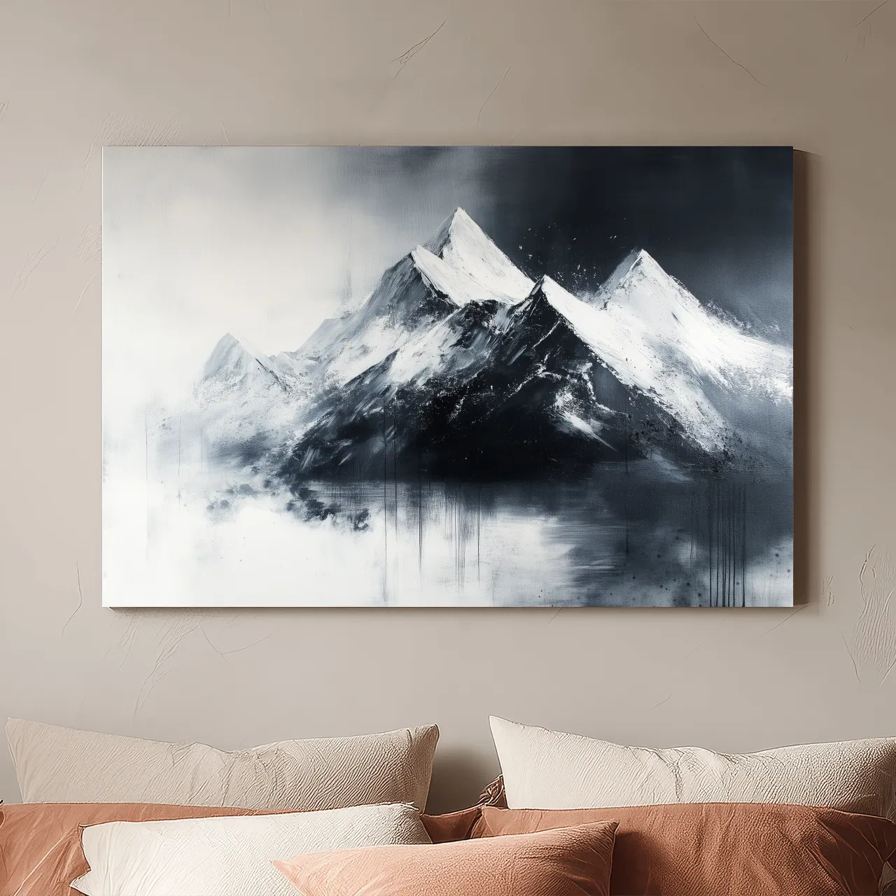 Moody Monochrome Snowcapped Mountain Peaks Painting - Modern Minimalist Wall Art