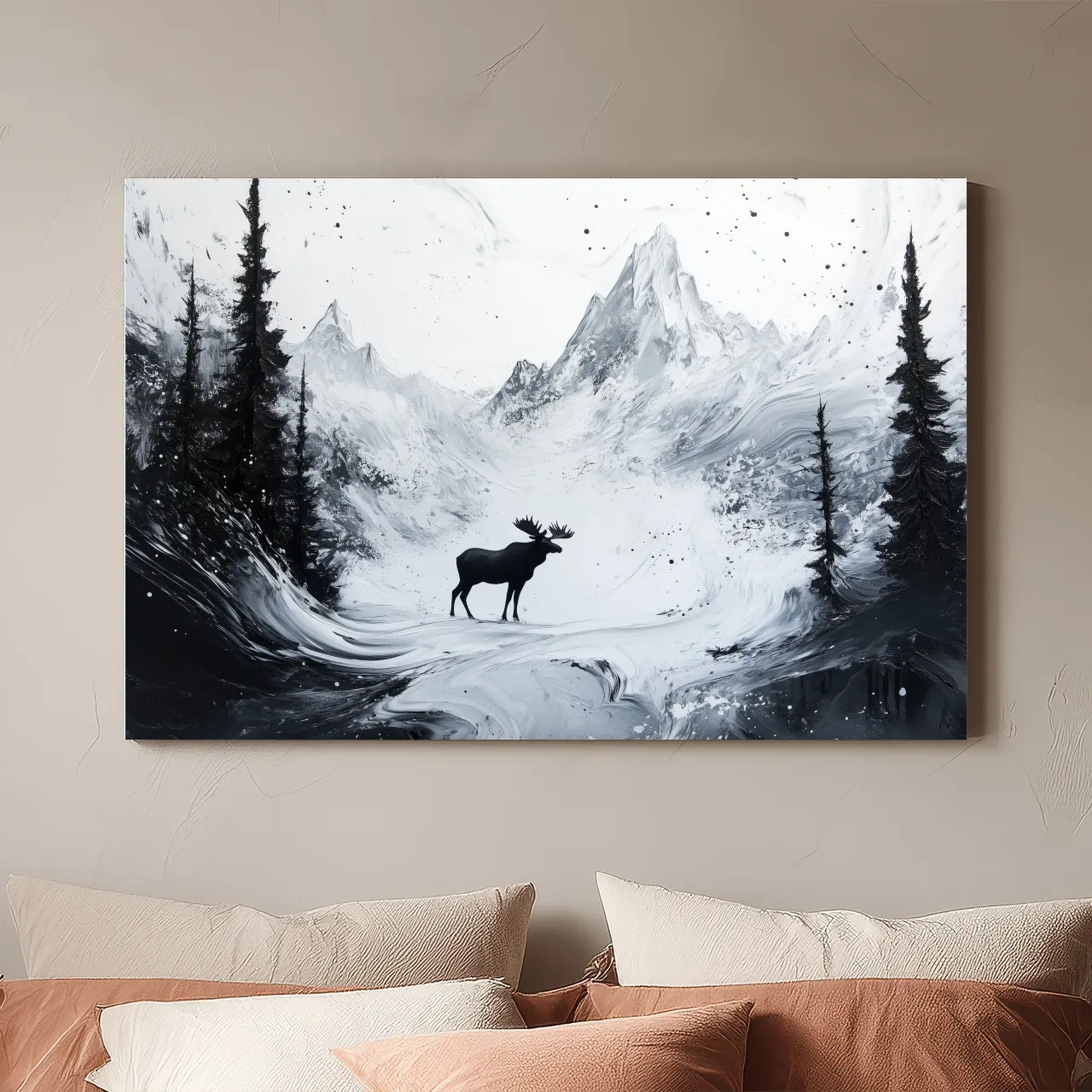 Moody Monochrome Moose Alpine Meadows - Abstract Ink Wash Wildlife Wall Art
