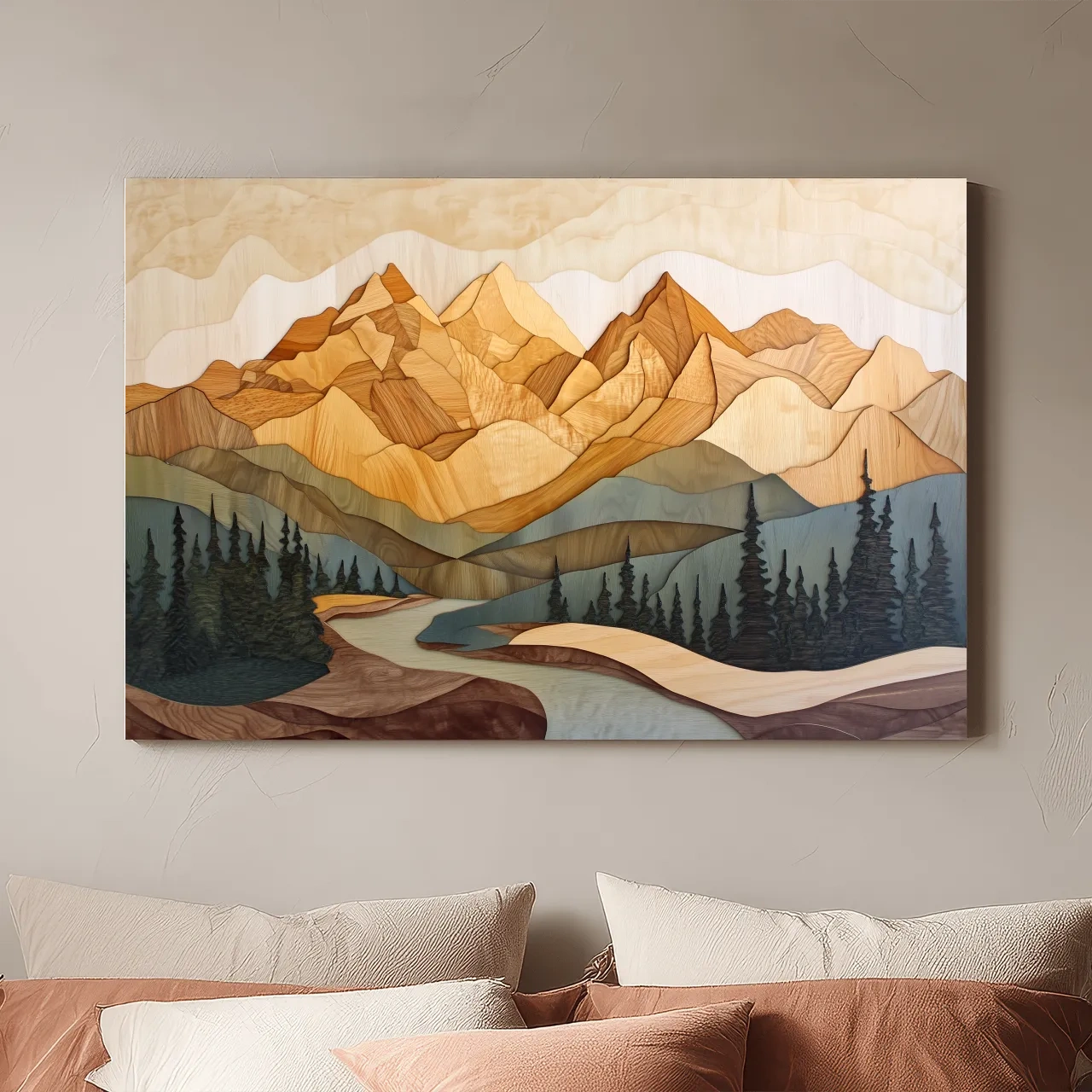 Wood Intarsia Mountain Landscape - Warm Earth Tone Alpine Forest Wall Art