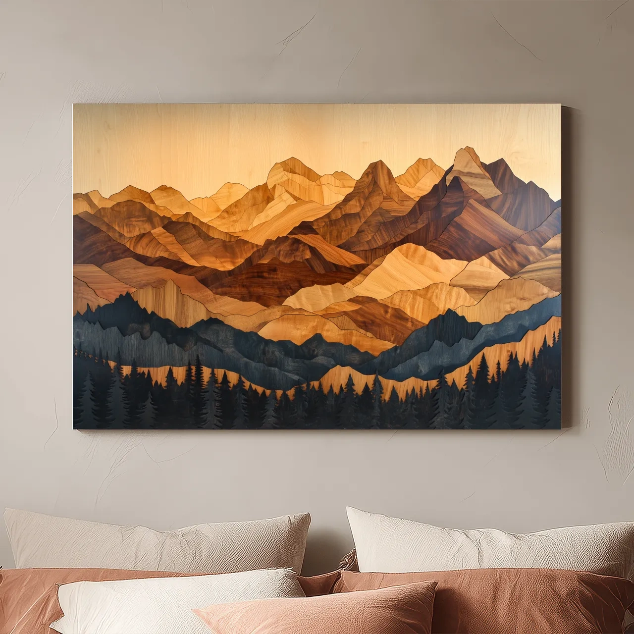 Layered Woodcut Intarsia Mountain Range Landscape - Peaks And Pine Forest Wall Art