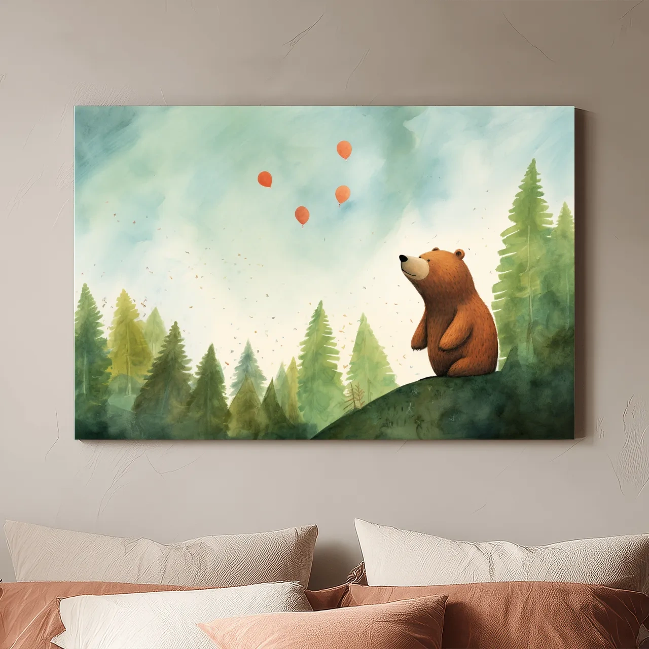 Whimsical Watercolor Bear Watching Balloons - Cute Nursery Forest Wall Art