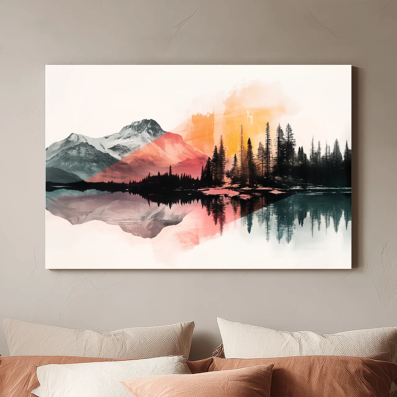 Abstract Alpine Lake Reflection Painting - Modern Watercolor Forest Landscape Wall Art