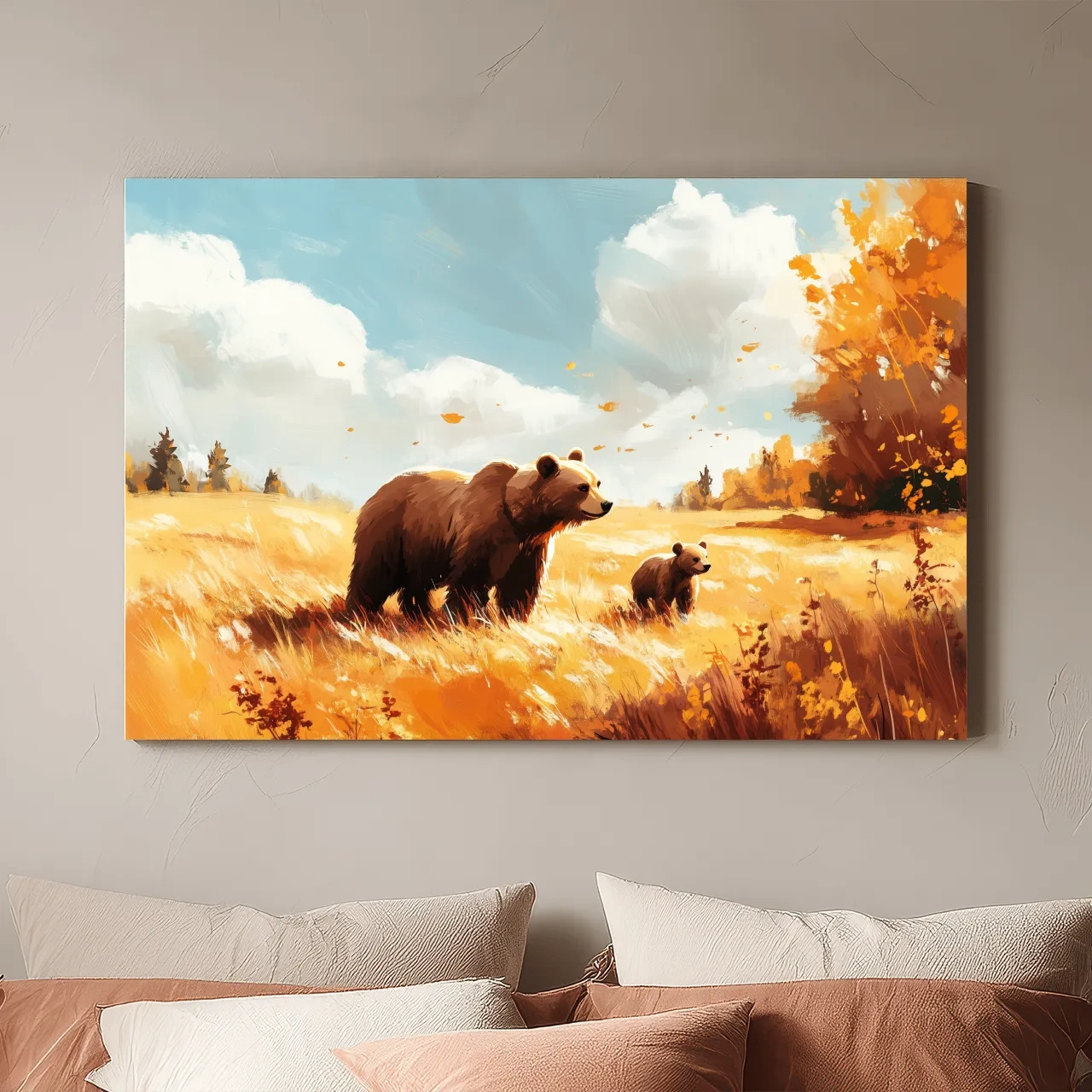 Autumn Grizzly Bear & Cub Painting - Warm Golden Wildlife Wall Art