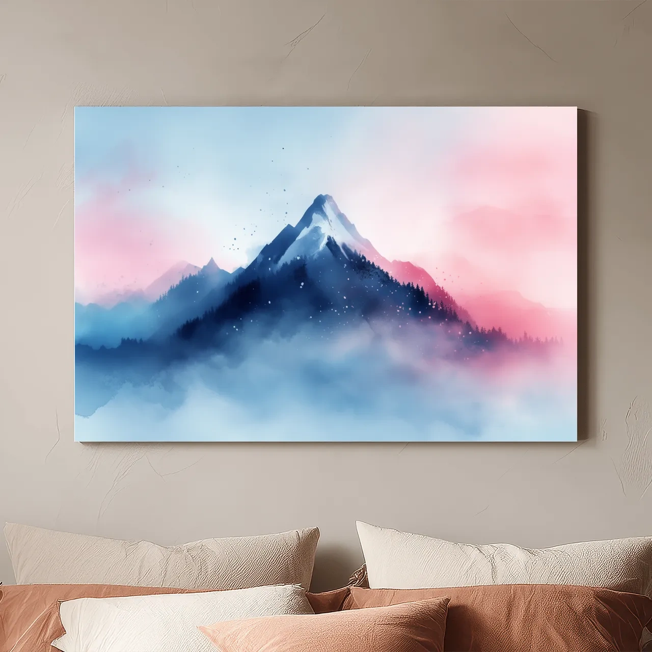 Misty Pastel Watercolor Mountain Peak - Dreamy Alpine Landscape Wall Art