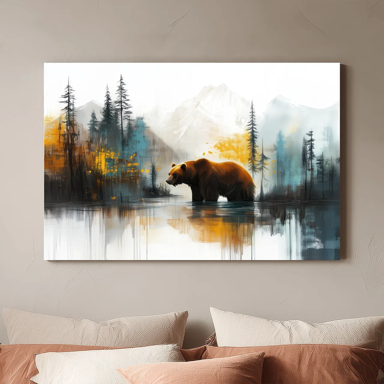 Grizzly Bear Lake Reflection - Misty Mountain Forest Watercolor Style Artwork