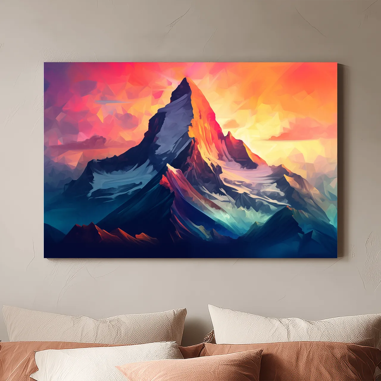 Vibrant Geometric Alpine Peak Sunrise - Modern Abstract Mountain Wall Art